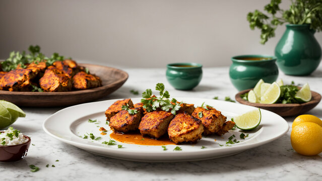 A minimalist stock photo featuring a perfectly arranged plate of Indian chicken tandoori on a clean white background