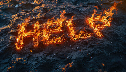 From above, Help word scripted in flames over textured black sand