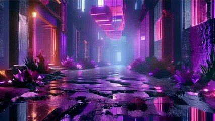 A digital art piece drawing the viewer's gaze into a fantastical passageway lined with crystals emitting purple light.
