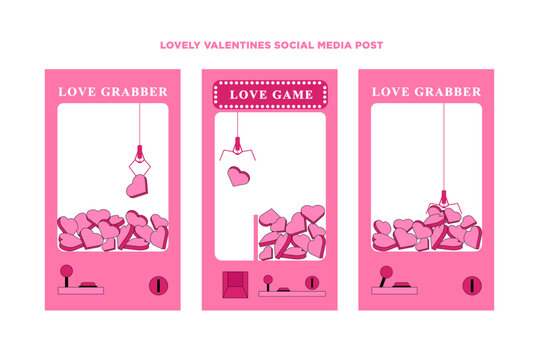 Trendy contemporary social media template with playful claw machine for Valentine's Day promotion theme template in a set for banner, feed, background, card, and ads