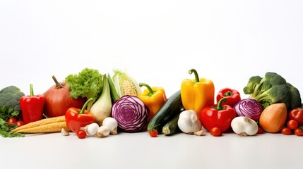 Vegetables and fruits on a white background, fresh and colorful. Copy space