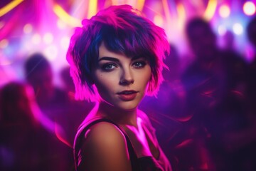Fototapeta premium Portrait of a beautiful girl with short hair dancing in a nightclub 