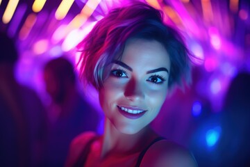 Portrait of a beautiful girl with short hair dancing in a nightclub 
