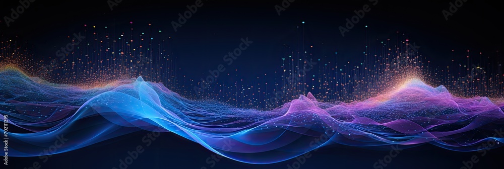Poster big data visualization. the musical stream of sounds. abstract background with interweaving of dots 