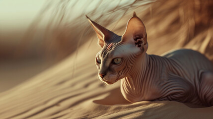 Chat de race sphynx couché dans le désert, chat sans poil - obrazy, fototapety, plakaty