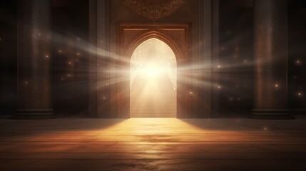 Mosque door with bright light background. copyspace - generative ai