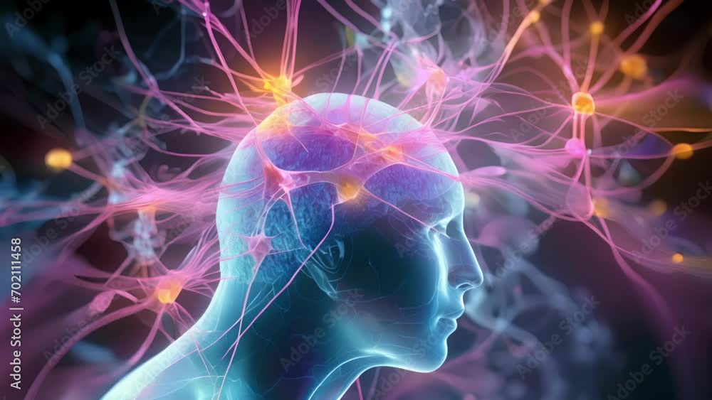 Poster magnified of neurotransmitters releasing in the brain as a person experiences a virtual reality simu