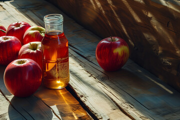 Apple cider vinegar in a contemporary glass bottle with fresh apples outdoors in sunlight