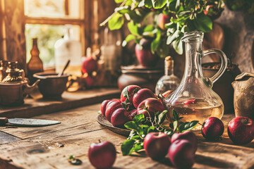A jug of apple cider vinegar with fresh red apples on a rustic table