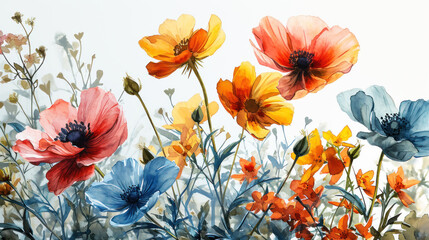 watercolor sketch of minimalistic flat style of cute cartoon spring flowers