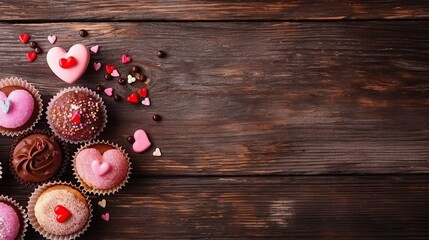 Valentine's Day card, sweets on a wooden table, hearts, copy space