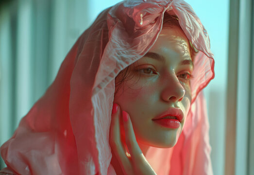 A Dramatic Shot of Beautiful Fashion Model with a Scarf Draped Over Head in Cinematic Shot - Powered by Adobe