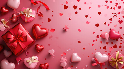 Valentine's background scattered with love balloons and gifts with an empty space in the middle