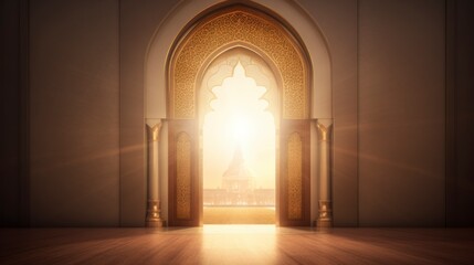 Mosque door with bright light background. copyspace - generative ai