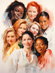 Portrait of a group of Women in watercolor effect - ai generative - obrazy, fototapety, plakaty