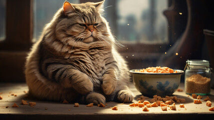 A fat cat near a bowl
