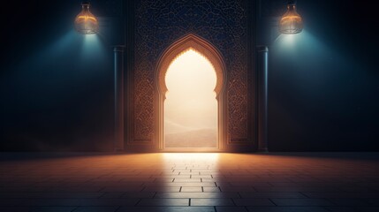 Mosque door with bright light background. copyspace - generative ai