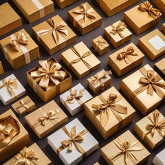 Golden gift boxes in gold wrapping paper with ribbon and bow