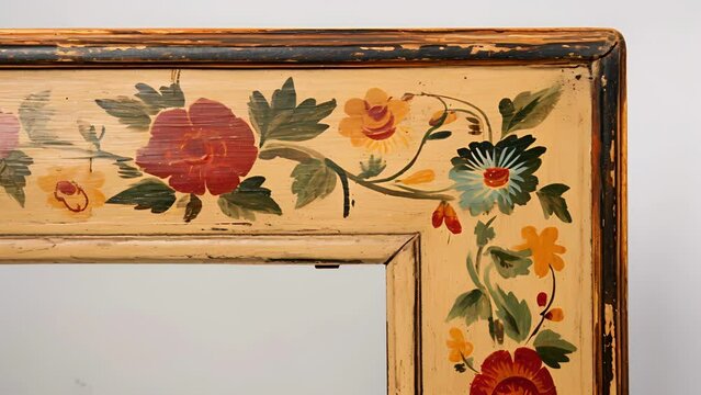 A wooden picture frame with slightly mismatched corners, lovingly crafted and painted with unique floral designs.