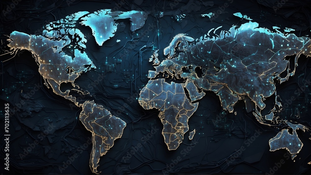 Poster map of the world with glowing lines on dark background. 3d rendering
