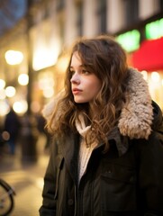 Fototapeta premium A young woman in a coat standing on a street. Generative AI.