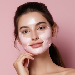 Beautiful young woman with face mask on pink background. Generative AI.