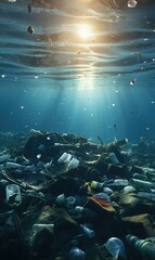 Fototapeta na wymiar Plastic pollution in the ocean, concept of pollution and environmental pollution, 3d rendering stock photo. Generative AI.