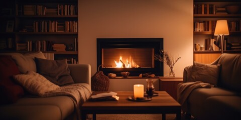 A cozy living room with a crackling fireplace, plush furniture, warm lighting, and fairy lights, creating a relaxing ambiance. Generative AI.