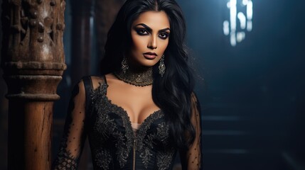Alluring woman in a black lace dress. A fictional character created by Generative AI. 
