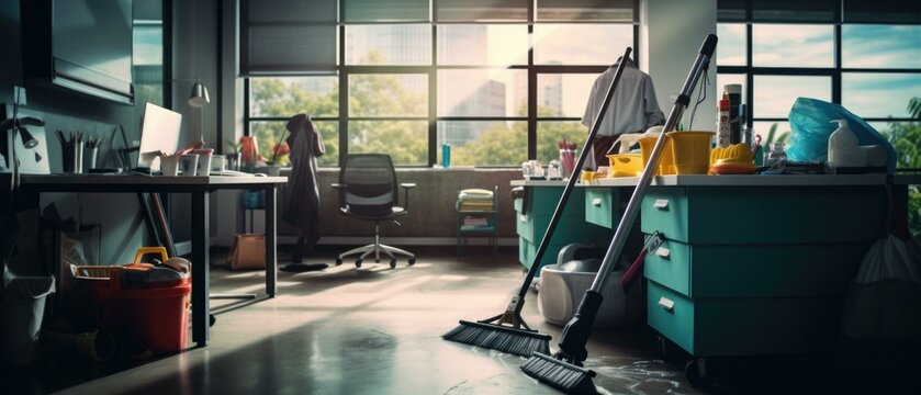 A tidy office with a desk and various items. Generative AI.