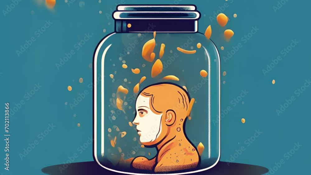 Poster a person with a brain in a jar with the different thoughts and feelings floating around inside the j