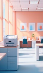 A large office with a printer and a computer. Generative AI.
