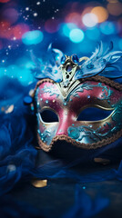 Festive Colorful Masquerade Mask for Carnival. Celebratory Blurred Background with Glitter. Elegant Festival Decor. Holiday Pageant and Mardi Gras Concept. Vertical Banner