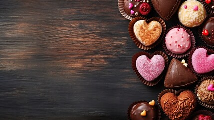 Fototapeta na wymiar Valentine's Day card, sweets on a wooden table, hearts, copy space