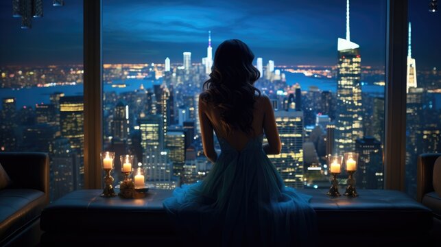 A Woman In A Blue Dress Overlooking A City Skyline At Night. A Fictional Character Created By Generative AI. 