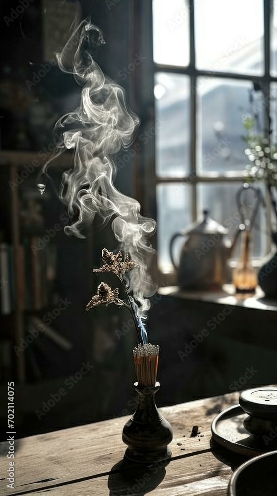 Poster an incense stick emits fragrant smoke on a table by a window. generative ai.