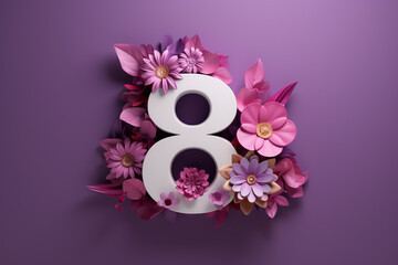 3d Number eight made of flowers on purple background. 8th of March Happy Women's Day.