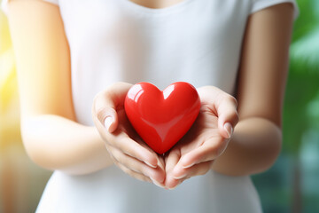 Red heart in the hands of a little girl. The concept of love and health. women's Woman's Day