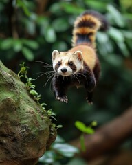 A playful red panda leaps over a rock in the forest. Generative AI.