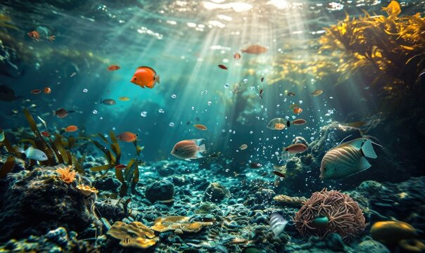 A vibrant underwater scene showcases reduced ocean waste and improved recycling on land. Colorful fish and a thriving coral reef depict a sustainable environment. Generative AI.