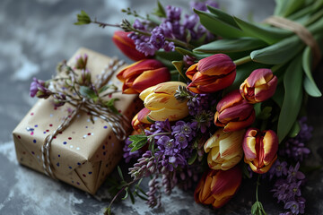 closeup of gift box wrapped in craft paper