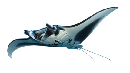 A swimming manta ray isolated on a transparent background