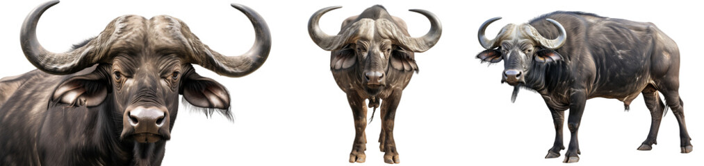 African buffalo collection (portrait, front view, side view) isolated on a white background, animal bundle