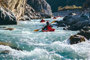 a group of friends engaged in kayaking or rafting on a river with rocks