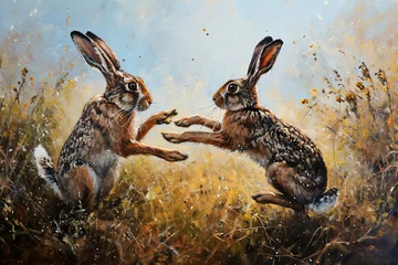 Foto op Aluminium Two March hares boxing and fighting in the spring in a springtime meadow during the mating season, stock illustration image  © Tony Baggett