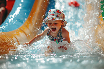 a toddler splashing around in an inflatable water slide - obrazy, fototapety, plakaty