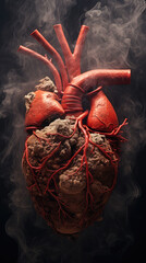 Human Heart in Cigarette and Vape Smoke on Dark Background. Anatomical View. Heart Diseases and Infarct. For Cardiology. Smoking harm concept. Cardiovascular Disease Awareness. 3D, Vertical Banner