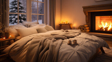 Modern Interior of a Cozy Bedroom with a Fireplace and Candles in the Evening. Double Bed. Outside Window Winter Day. Concept of a Comfortable Place to Relax and Sleep.