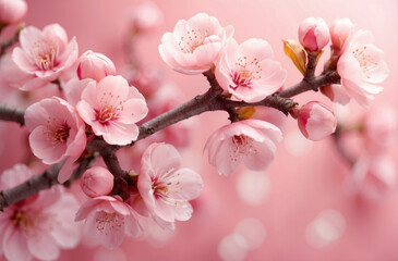 pink cherry blossom flowers in spring with soft pink background and copy space