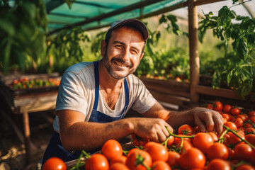 sustainable vegetable factory. Worker picking up two tomatoes from the tomato plant and smiling. Sustainable development can limit climate change and global warming. - obrazy, fototapety, plakaty